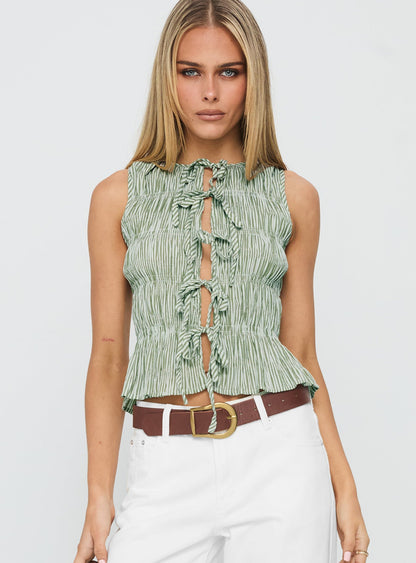 Apero Shirred Tie Front Top Green / White Stripe