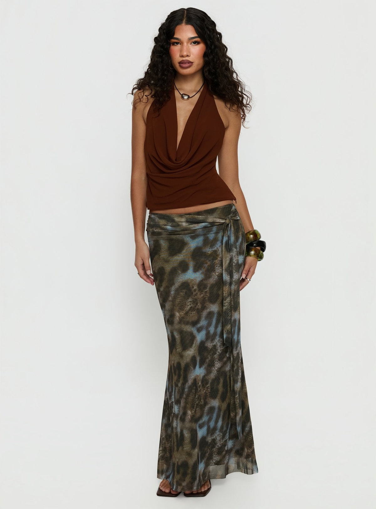 Annina Plunge Neck Backless Halter Top Chocolate