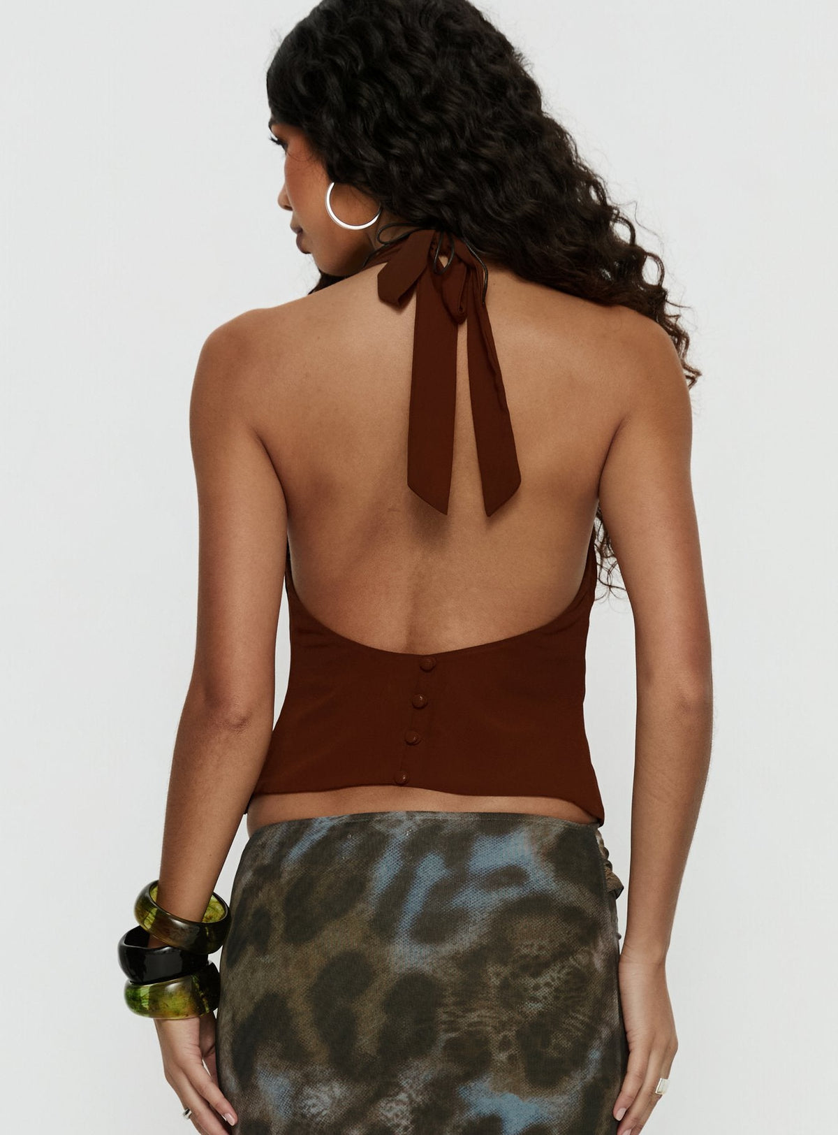 Annina Plunge Neck Backless Halter Top Chocolate