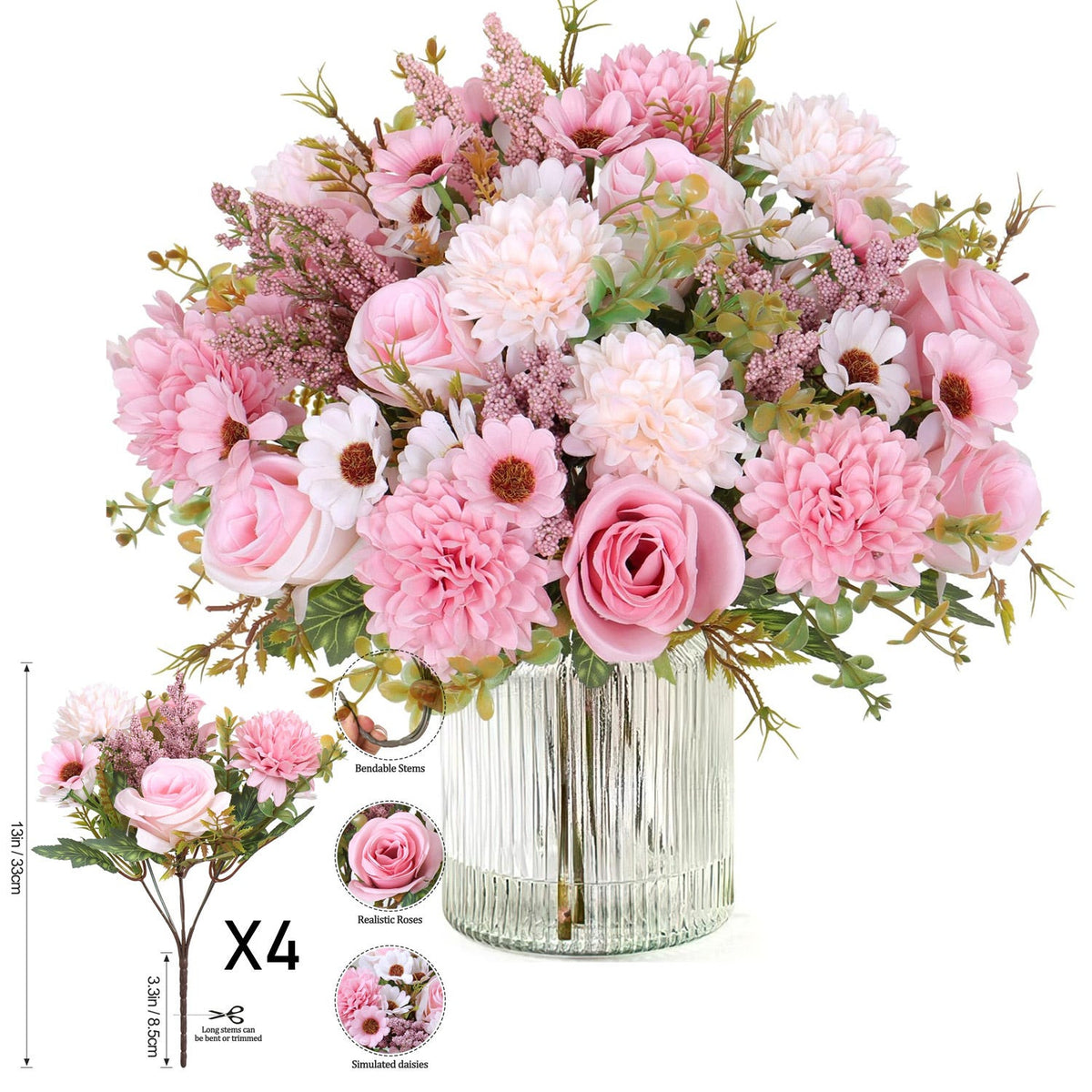 4-Piece Set: Artificial 7-Stem Hydrangea and Peony Bouquet