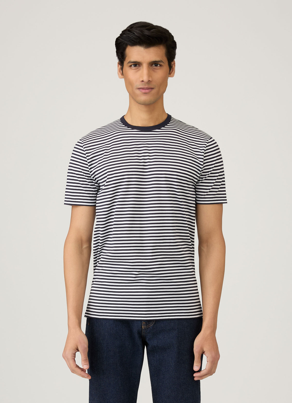 Mens Long Staple Cotton T Shirt English Stripe Navy White Jmtsh0001Es Staa