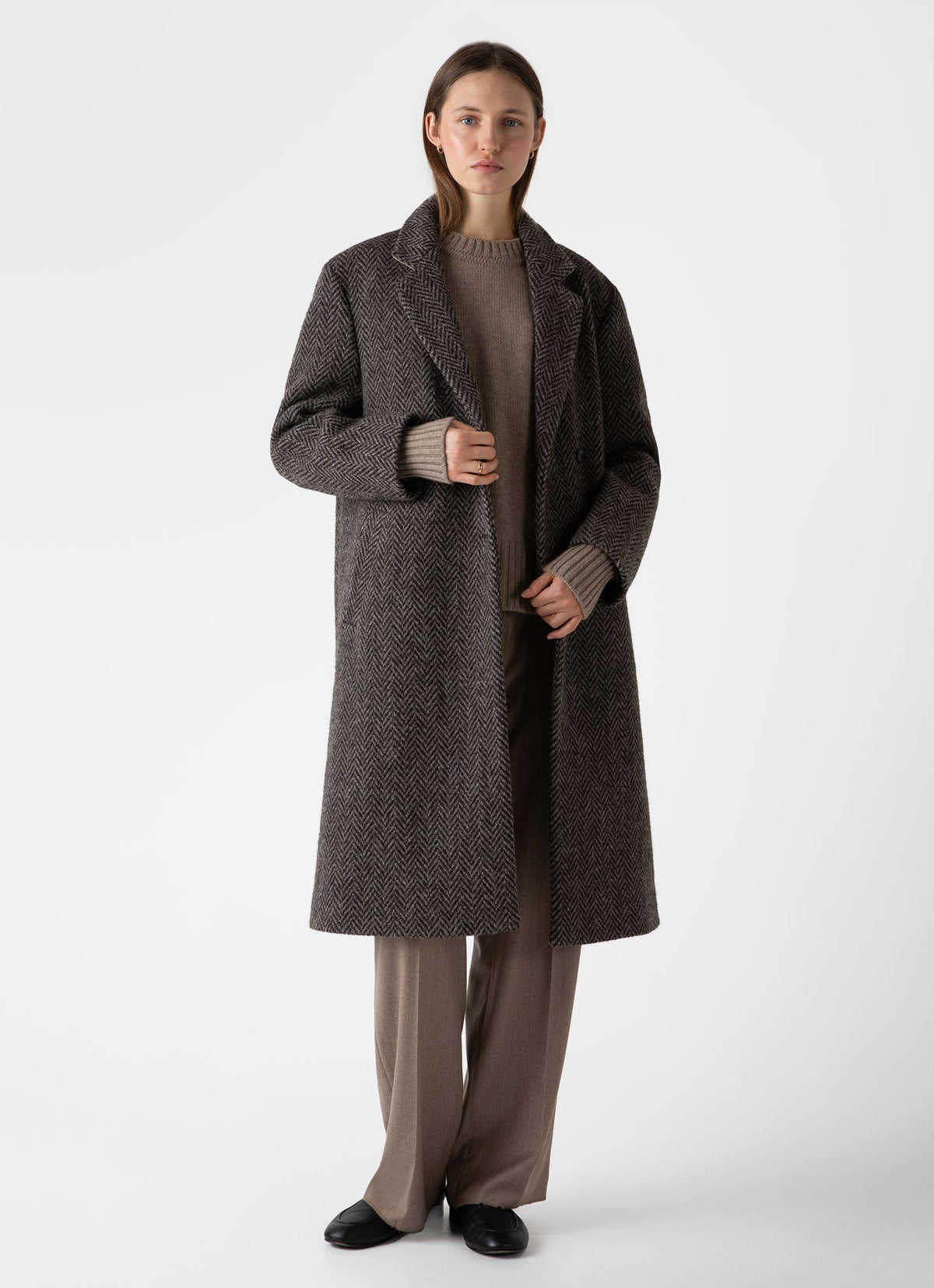 Womens British Wool Coat In Brown Herringbone Wcoa7314U Brel